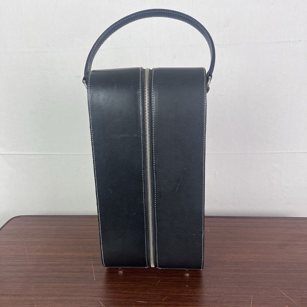 VTG Fossil Leather 2 Bottles Wine Travel Bag Case‎ Leather Purse Handle Zipper